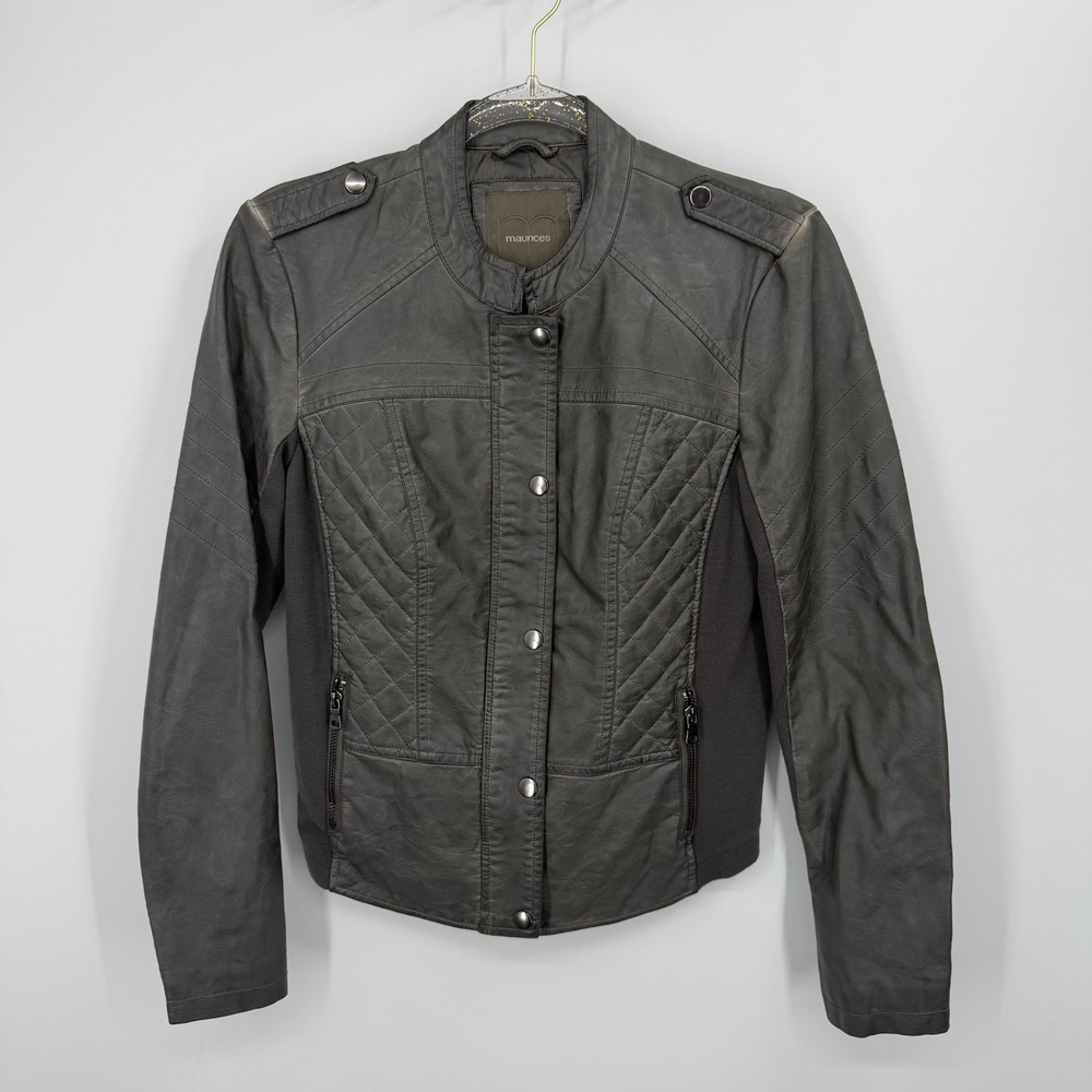 Maurices Faux Leather Moto Jacket Womens Small Gray Quilted Biker Full Zip Snap